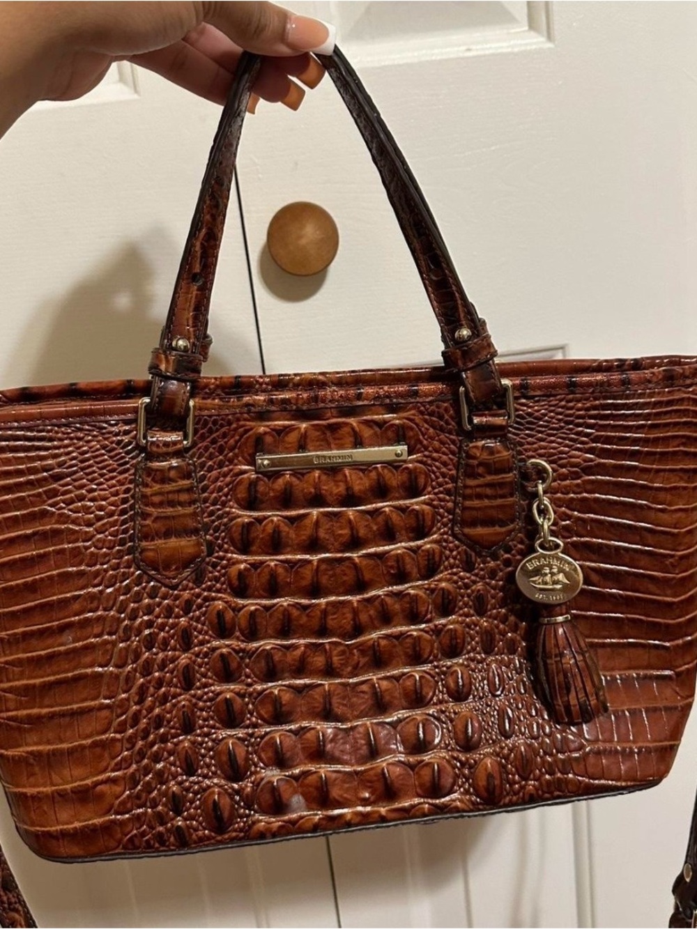 Brahmin Cognac Croc-Embossed Leather Tote with Tassel Charm